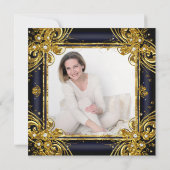 Navy Blue Gold Birthday Foto Diamond Kaart (Achterkant)