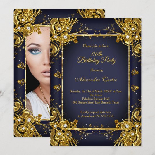 Navy Blue Gold Birthday Party Photo Diamond gem Kaart (Voorkant / Achterkant)