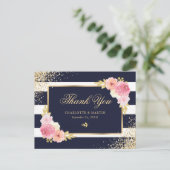 Navy Blue Gold Blush Bloemen Huwelijk Dank u Briefkaart (Staand voorkant)