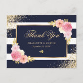 Navy Blue Gold Blush Bloemen Huwelijk Dank u Briefkaart (Voorkant)