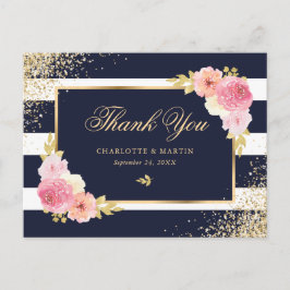 Navy Blue Gold Blush Bloemen Huwelijk Dank u Briefkaart