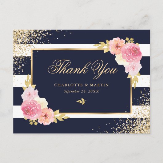 Navy Blue Gold Blush Bloemen Huwelijk Dank u Briefkaart (Voorkant)