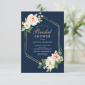 Navy Blue Gold Blush Bridal Shower Invitation Kaar Kaart (Staand voorkant)