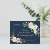 Navy Blue Gold Blush Bridesmaid proposal Kaart (Staand voorkant)