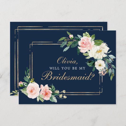 Navy Blue Gold Blush Bridesmaid proposal Kaart (Voorkant / Achterkant)