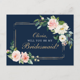 Navy Blue Gold Blush Bridesmaid proposal Kaart