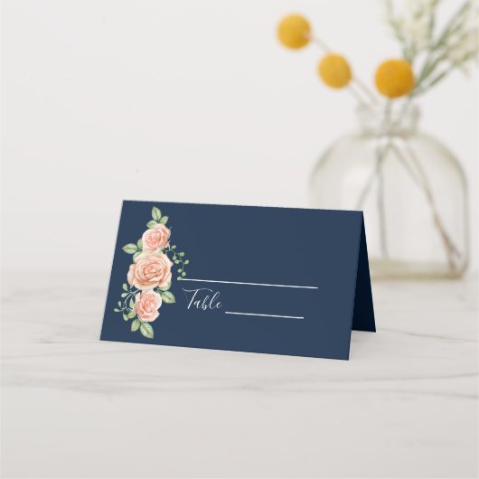 Navy Blue Gold Blush Floral bruiloft Plaatskaartje (Voorkant)