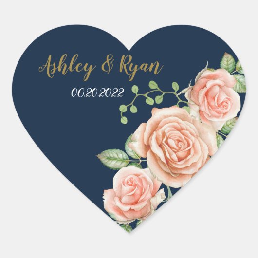 Navy Blue Gold Blush Floral Heart Sticker (Voorkant)
