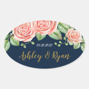 Navy Blue Gold Blush Floral Ovale Sticker