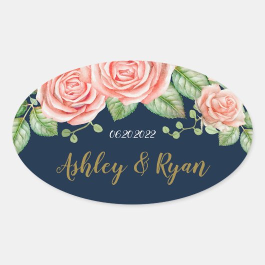 Navy Blue Gold Blush Floral Ovale Sticker (Voorkant)