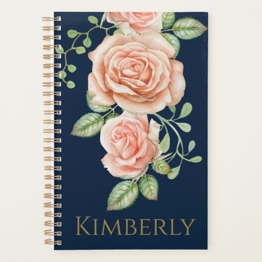 Navy Blue Gold Blush Floral Personalized Planner (Voorkant)