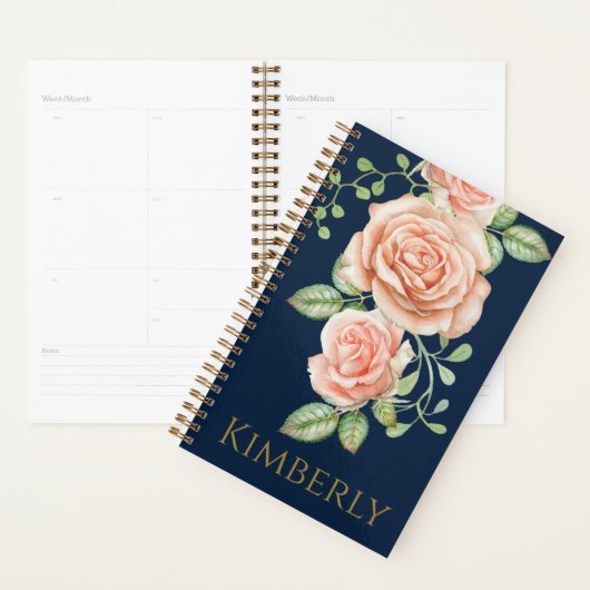 Navy Blue Gold Blush Floral Personalized Planner (Display)