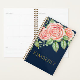 Navy Blue Gold Blush Floral Personalized Planner
