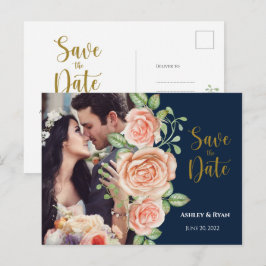 Navy Blue Gold Blush Floral Save the Date Aankondigingskaart