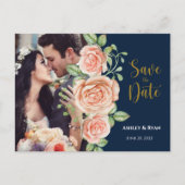 Navy Blue Gold Blush Floral Save the Date Aankondigingskaart (Voorkant)