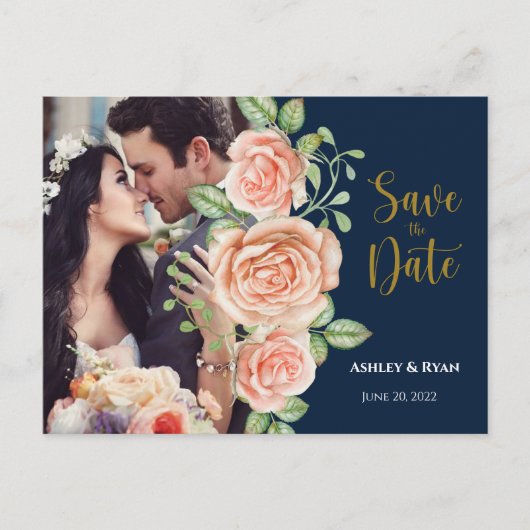 Navy Blue Gold Blush Floral Save the Date Aankondigingskaart (Voorkant)