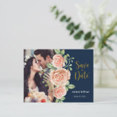 Navy Blue Gold Blush Floral Save the Date Aankondigingskaart (Staand voorkant)