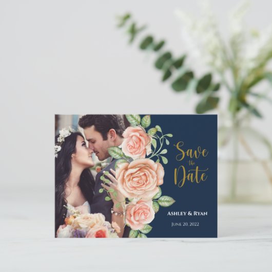 Navy Blue Gold Blush Floral Save the Date Aankondigingskaart (Staand voorkant)
