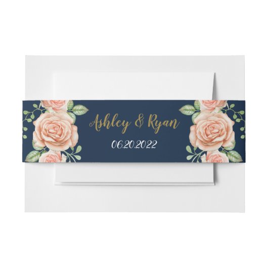 Navy Blue Gold Blush Floral Uitnodigingen Wikkel (Voorkant Voorbeeld)