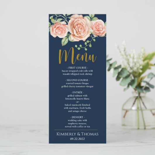Navy Blue Gold Blush Floral Weddenrenmenu Menu (Staand voorkant)