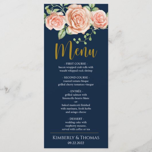 Navy Blue Gold Blush Floral Weddenrenmenu Menu (Voorkant)