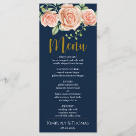 Navy Blue Gold Blush Floral Weddenrenmenu Menu