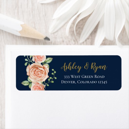 Navy Blue Gold Blush Floral Weddenschap Label (Insitu)