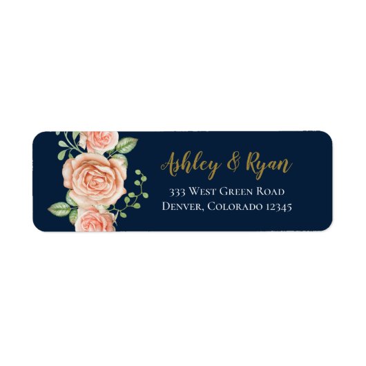 Navy Blue Gold Blush Floral Weddenschap Label (Voorkant)
