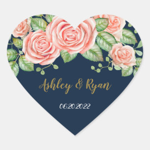 Navy Blue Gold Blush Floral Wedding Hart Sticker