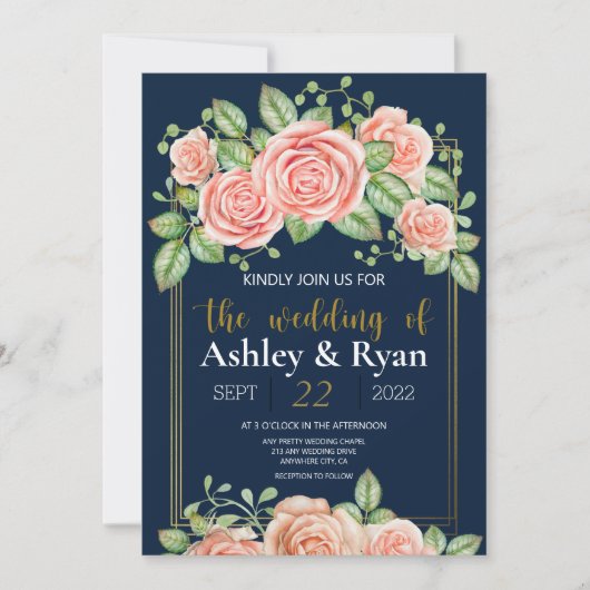 Navy Blue Gold Blush Floral Wedding Invitation (Voorkant)