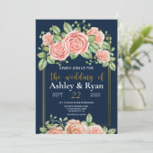 Navy Blue Gold Blush Floral Wedding Invitation (Staand voorkant)