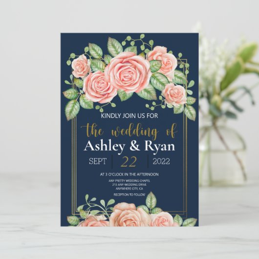 Navy Blue Gold Blush Floral Wedding Invitation (Staand voorkant)