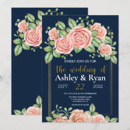 Navy Blue Gold Blush Floral Wedding Invitation