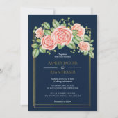Navy Blue Gold Blush Floral Wedding Invitation Kaart (Voorkant)