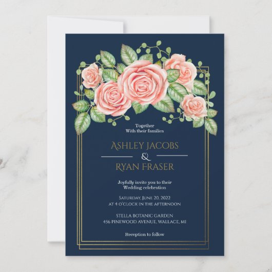 Navy Blue Gold Blush Floral Wedding Invitation Kaart (Voorkant)