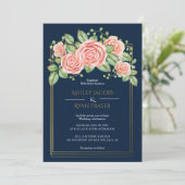 Navy Blue Gold Blush Floral Wedding Invitation Kaart (Staand voorkant)