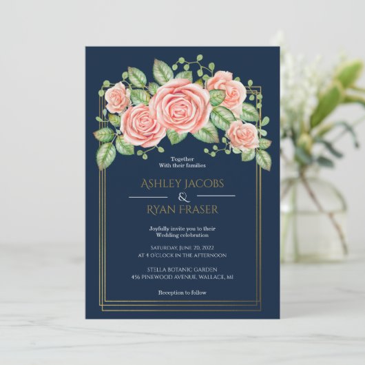 Navy Blue Gold Blush Floral Wedding Invitation Kaart (Staand voorkant)