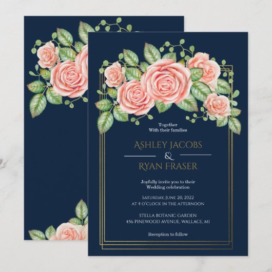 Navy Blue Gold Blush Floral Wedding Invitation Kaart (Voorkant / Achterkant)