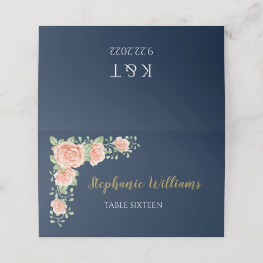 Navy Blue Gold Blush Floral Wedding Plaatskaartje (Buitenkant ongevouwen)