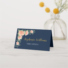 Navy Blue Gold Blush Floral Wedding Plaatskaartje