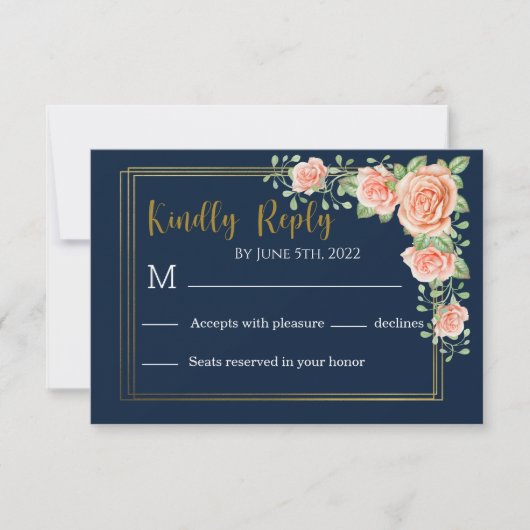 Navy Blue Gold Blush Floral Wedding RSVP Kaart (Voorkant)