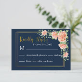 Navy Blue Gold Blush Floral Wedding RSVP Kaart (Staand voorkant)