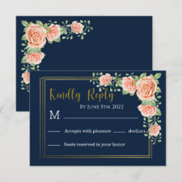 Navy Blue Gold Blush Floral Wedding RSVP Kaart
