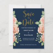 Navy Blue Gold Blush Floral Wedding Save the Date (Voorkant)