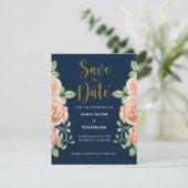 Navy Blue Gold Blush Floral Wedding Save the Date (Staand voorkant)