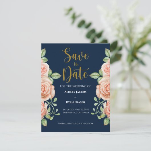 Navy Blue Gold Blush Floral Wedding Save the Date (Staand voorkant)
