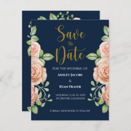 Navy Blue Gold Blush Floral Wedding Save the Date