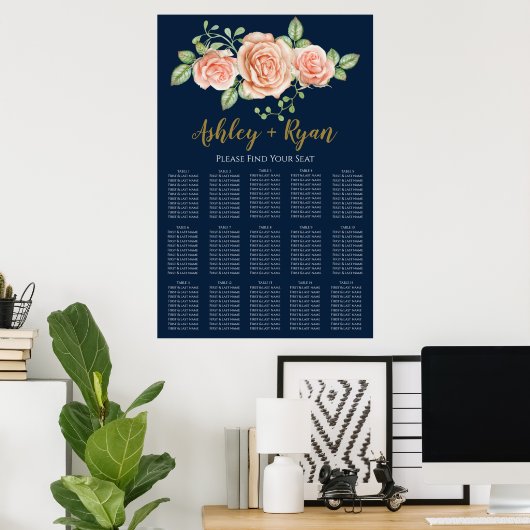 Navy Blue Gold Blush Floral Wedding Seating Charts Poster (Thuiskantoor)