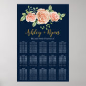 Navy Blue Gold Blush Floral Wedding Seating Charts Poster (Voorkant)