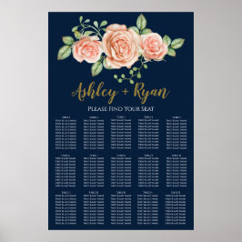 Navy Blue Gold Blush Floral Wedding Seating Charts Poster